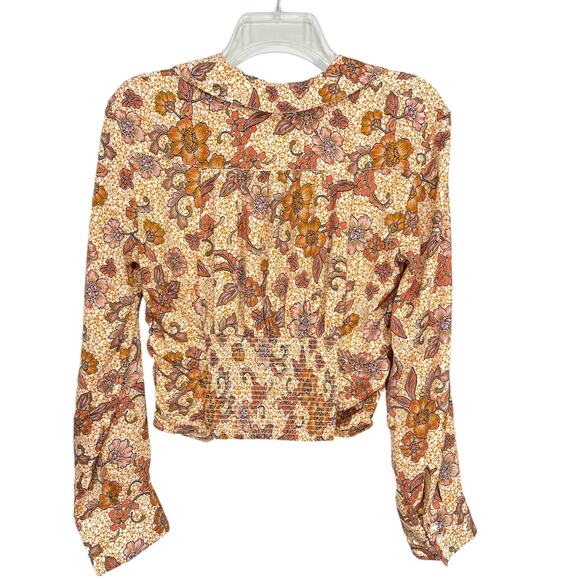 Free People Top I Got You Printed Floral Orange White Ruched Smocked V-Neck Sx S - Picture 8 of 11